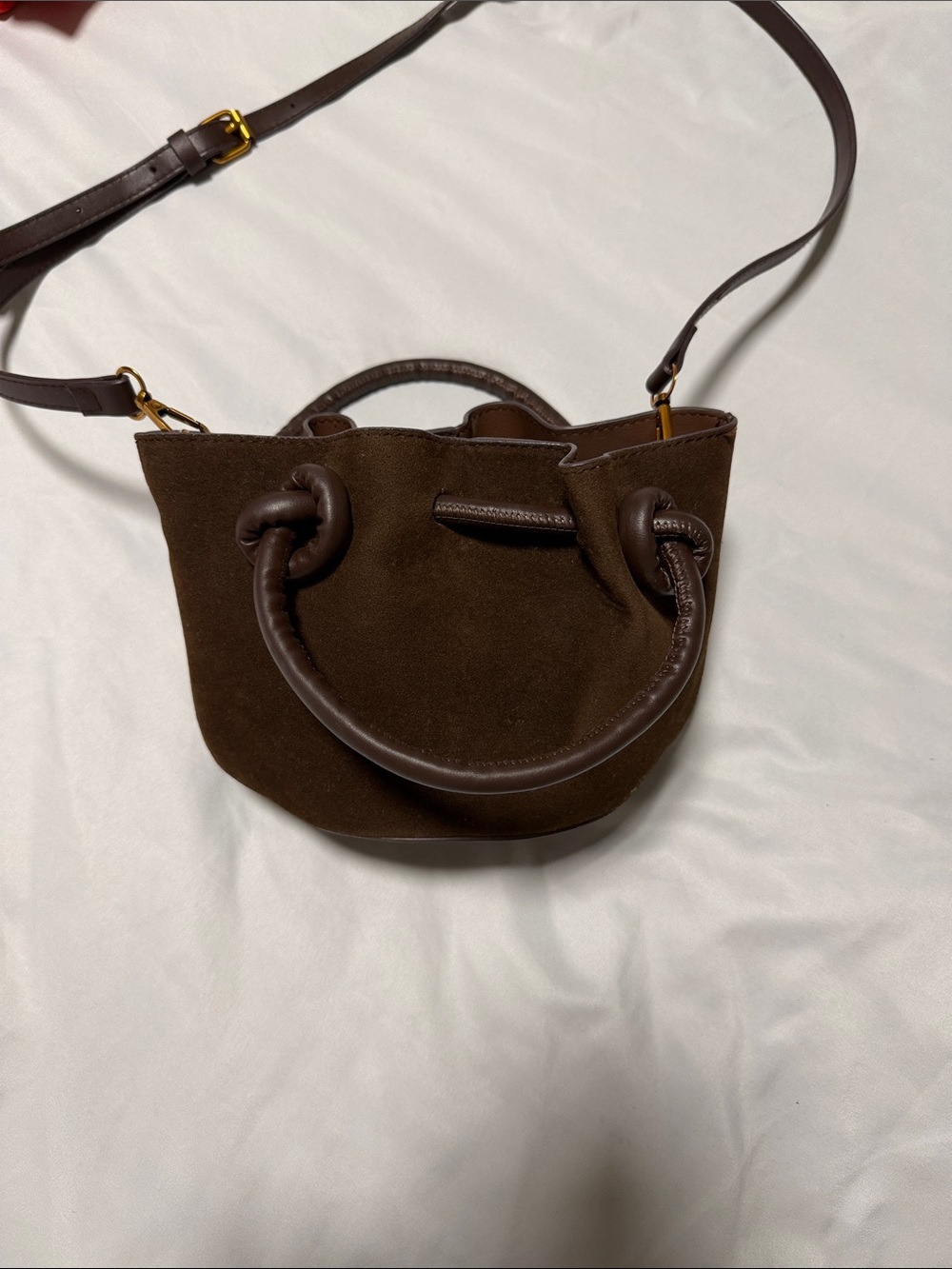 Brown Suede Top-Handle Crossbody Bag
